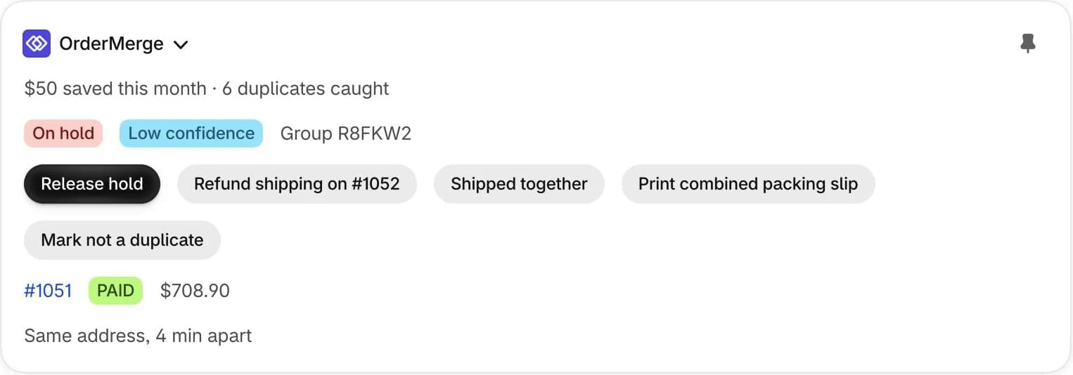 The OrderMerge block on an order: on hold, group R8FKW2, Release hold and Mark not a duplicate buttons, matched order #1051, same address, 4 min apart