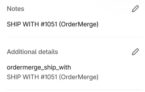 Shopify order notes reading SHIP WITH #1051 (OrderMerge)
