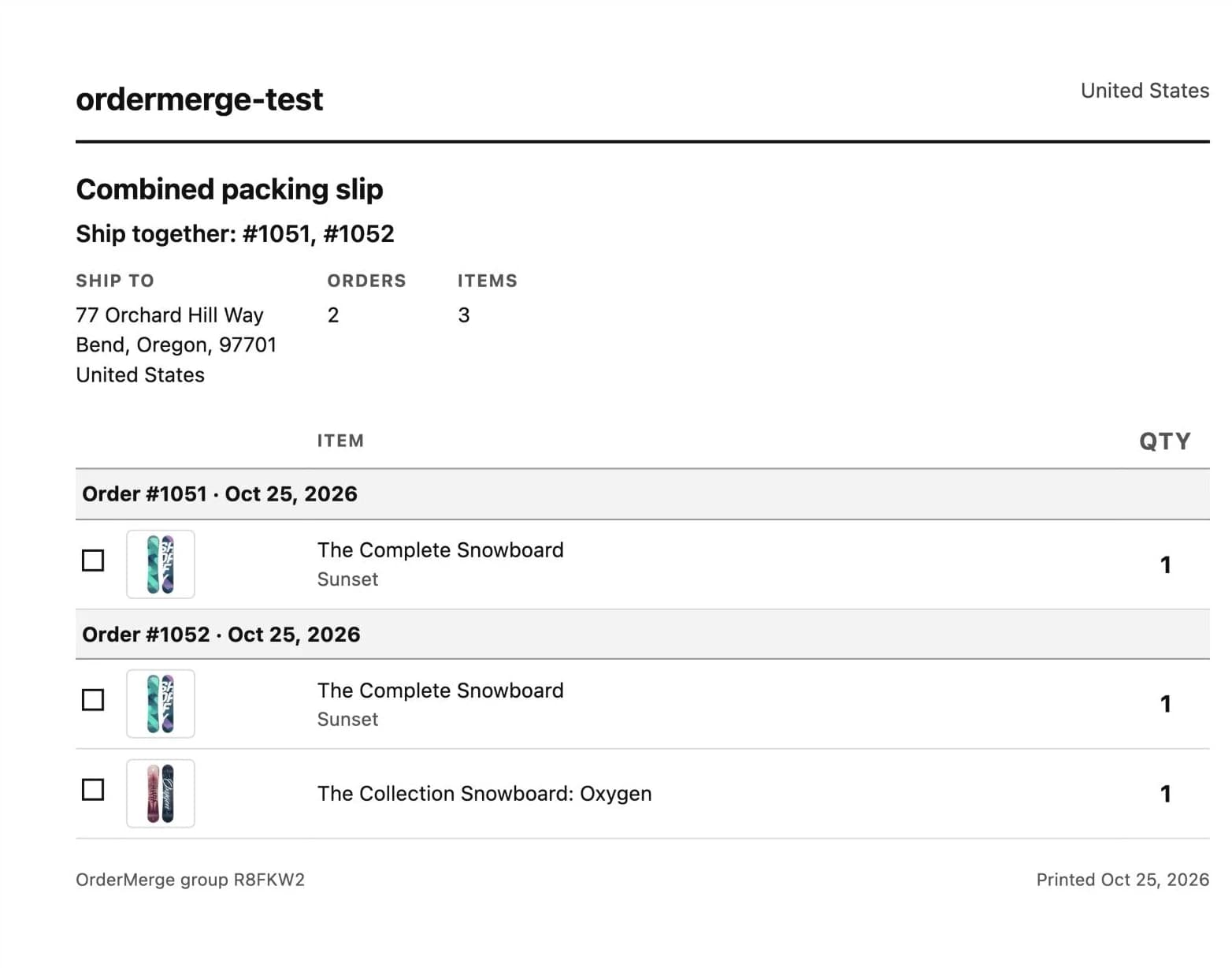 Combined packing slip: ship together #1051 and #1052, one ship-to address, 2 orders, 3 items with checkboxes