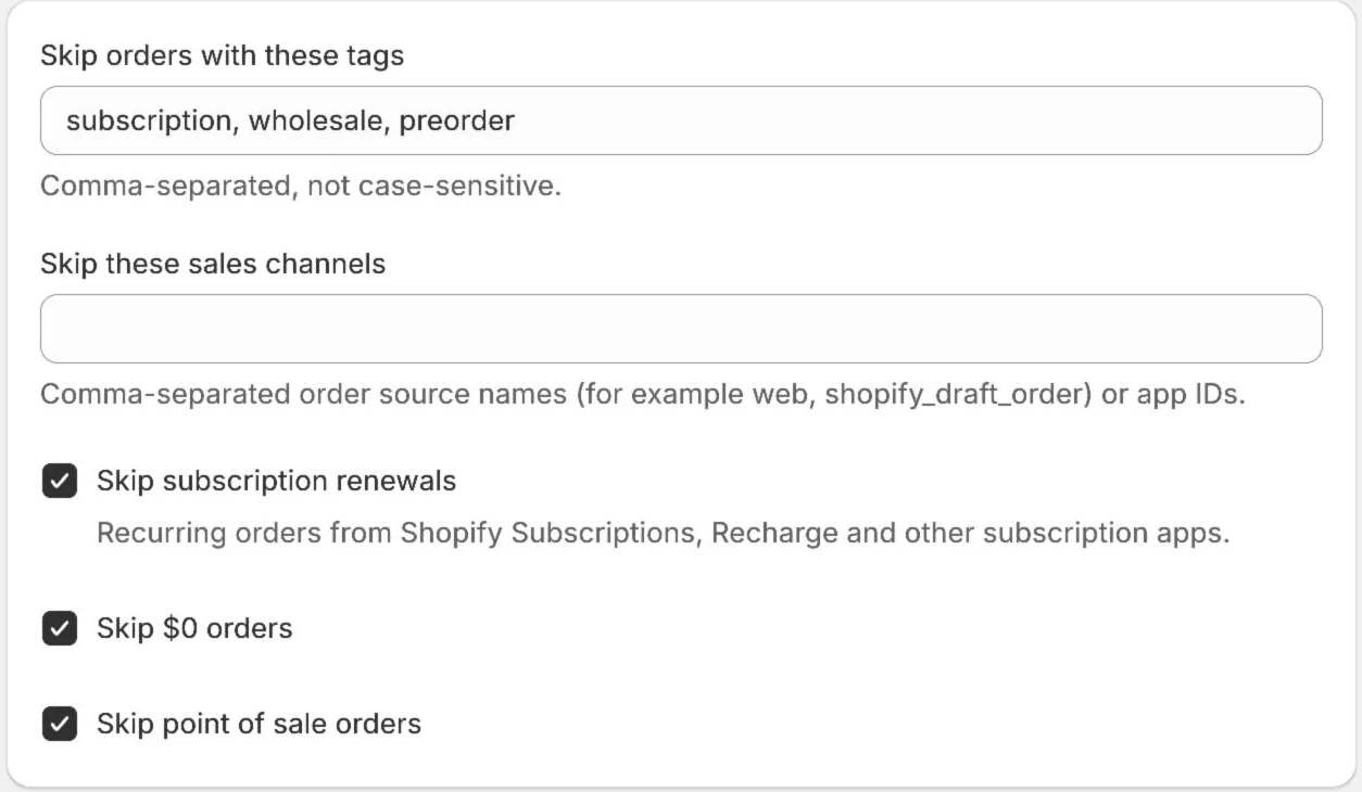OrderMerge exclusions: skip tags subscription, wholesale, preorder; skip sales channels; skip subscription renewals, $0 orders and point of sale orders